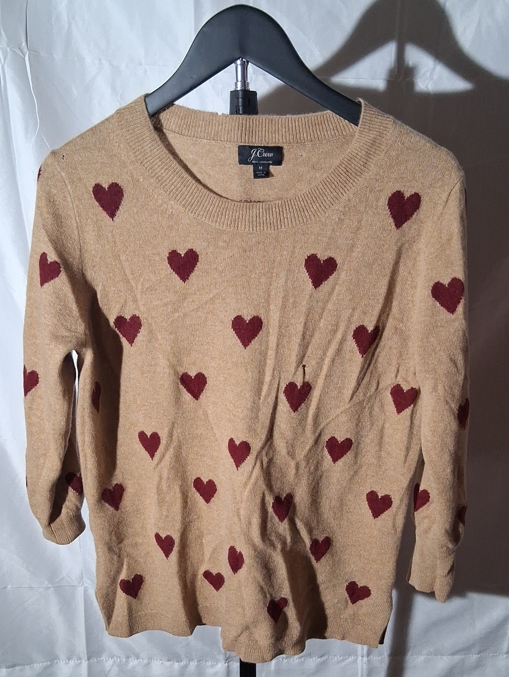 J. Crew Tan Crewneck Sweater with Red Heart Pattern